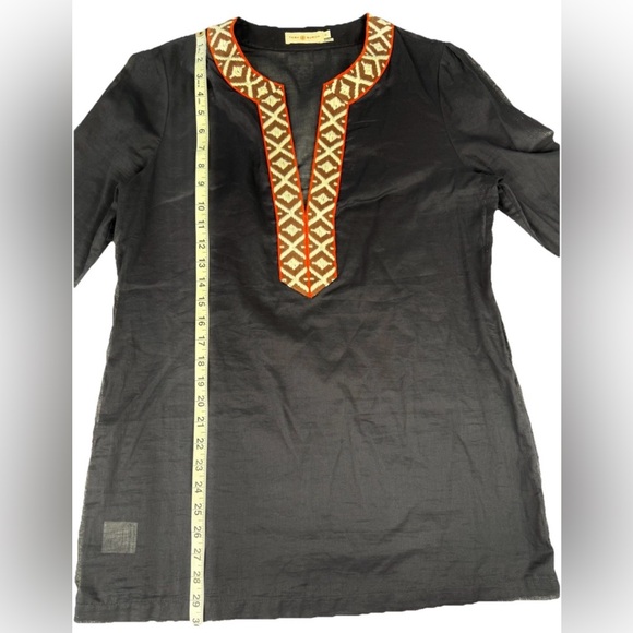 Tory Burch $295 Tunic Long Sleeve Top Size 12 Navy w/ Ivory Orange Brown Accents - Picture 5 of 14